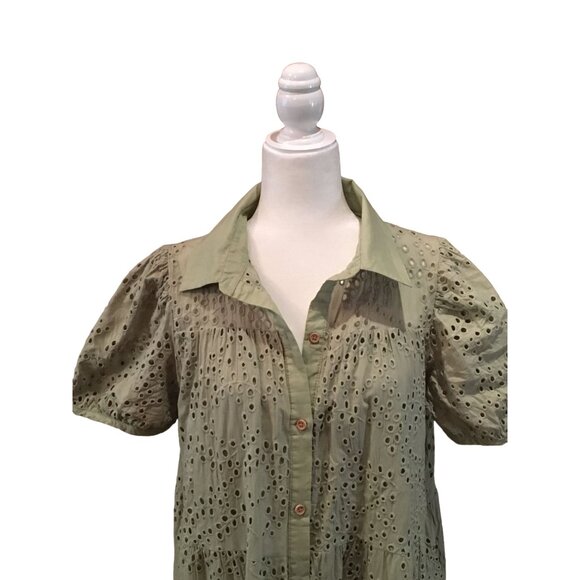 Happy Threads Eyelet Green Button-Down Dress Short Puff Sleeves Large - Picture 2 of 7